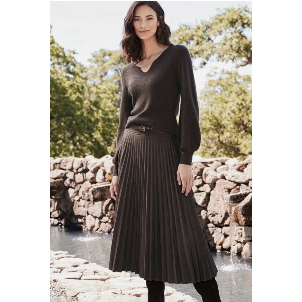 Soft Surroundings Lavina Faux Suede Pleated Stretch Skirt Belted Dark Brown S - Picture 3 of 16